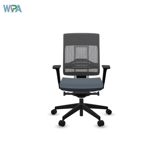 Gray office chair with black mesh back on a white background