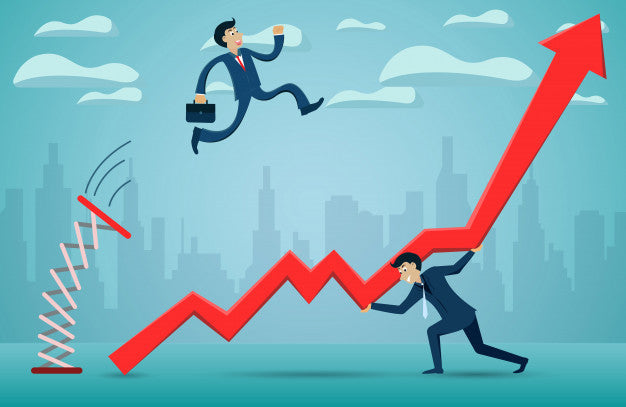 Illustration of an employee with heavy arrow on the back and jumping on the spring