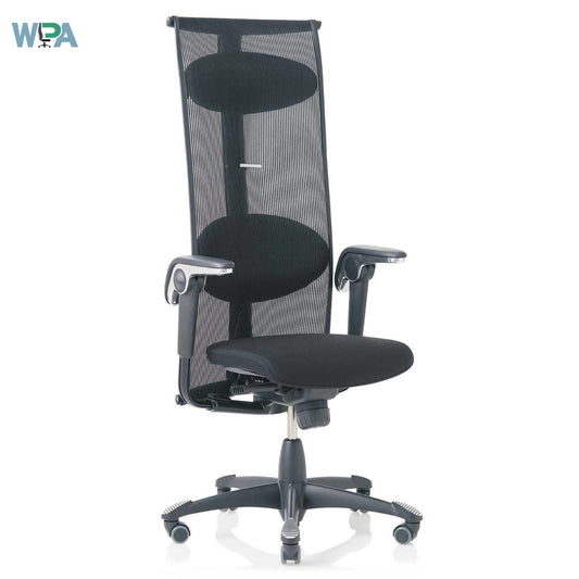 Black office chair with mesh back on a white background, featuring the Wipa brand.