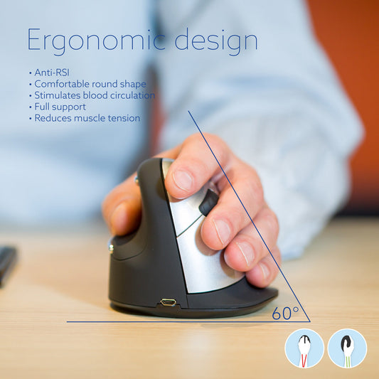 Ergonomic mouse being used with text highlighting its benefits on a blurred background