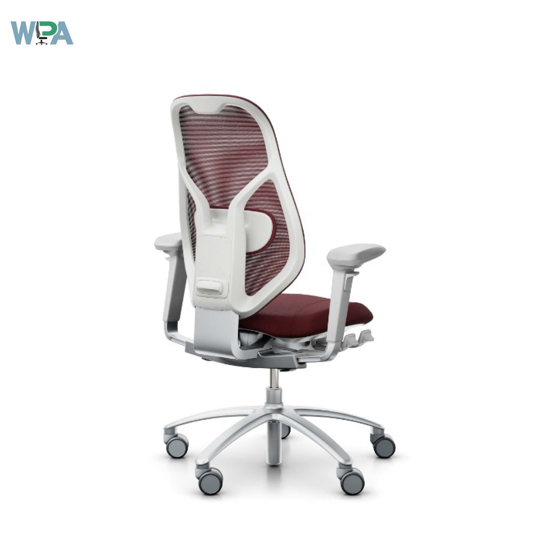 Office chair with red seat and white frame on a white background, featuring the Wipa logo.