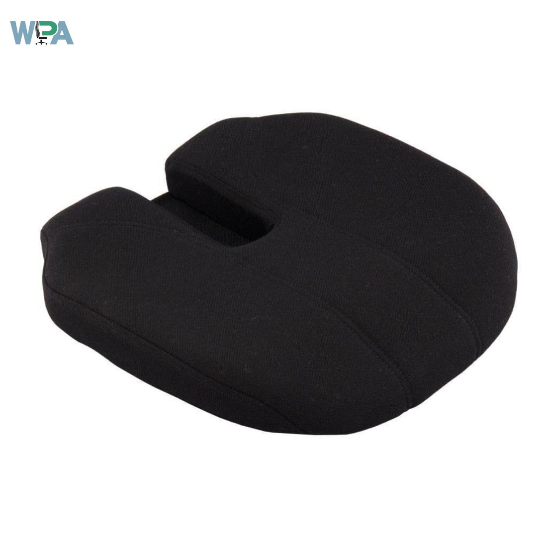 Black U-shaped memory foam pillow on a white background