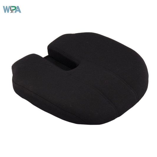 Black U-shaped memory foam pillow on a white background