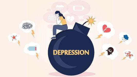 Illustration of an employee sitting on a bomb with depression signage