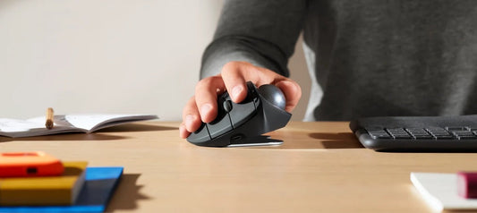A hand holding a vertical mice
