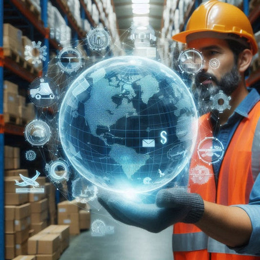 A worker holding a digital globe