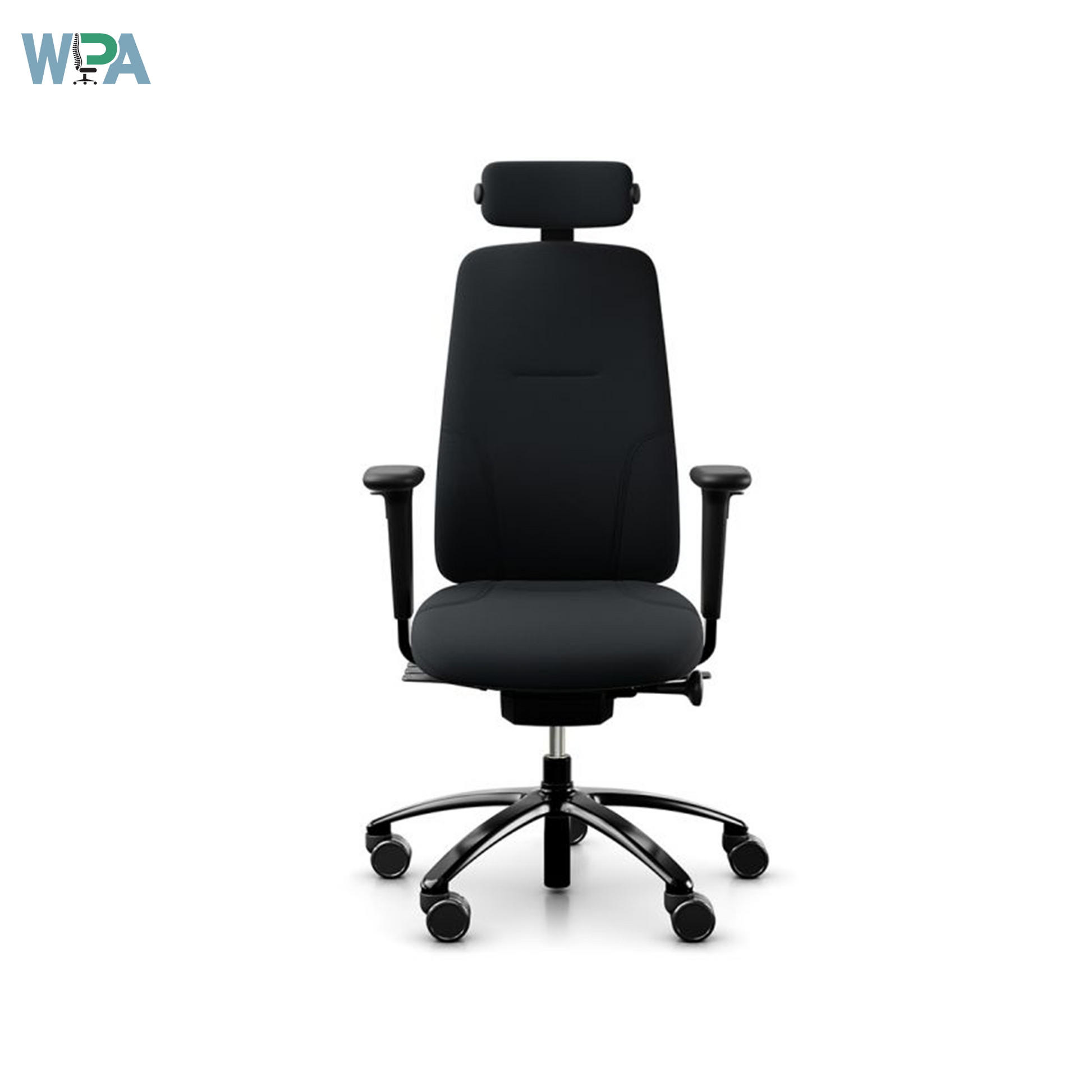 A black high back ergonomic office chair with a five-point wheeled base, adjustable armrests, and a headrest.