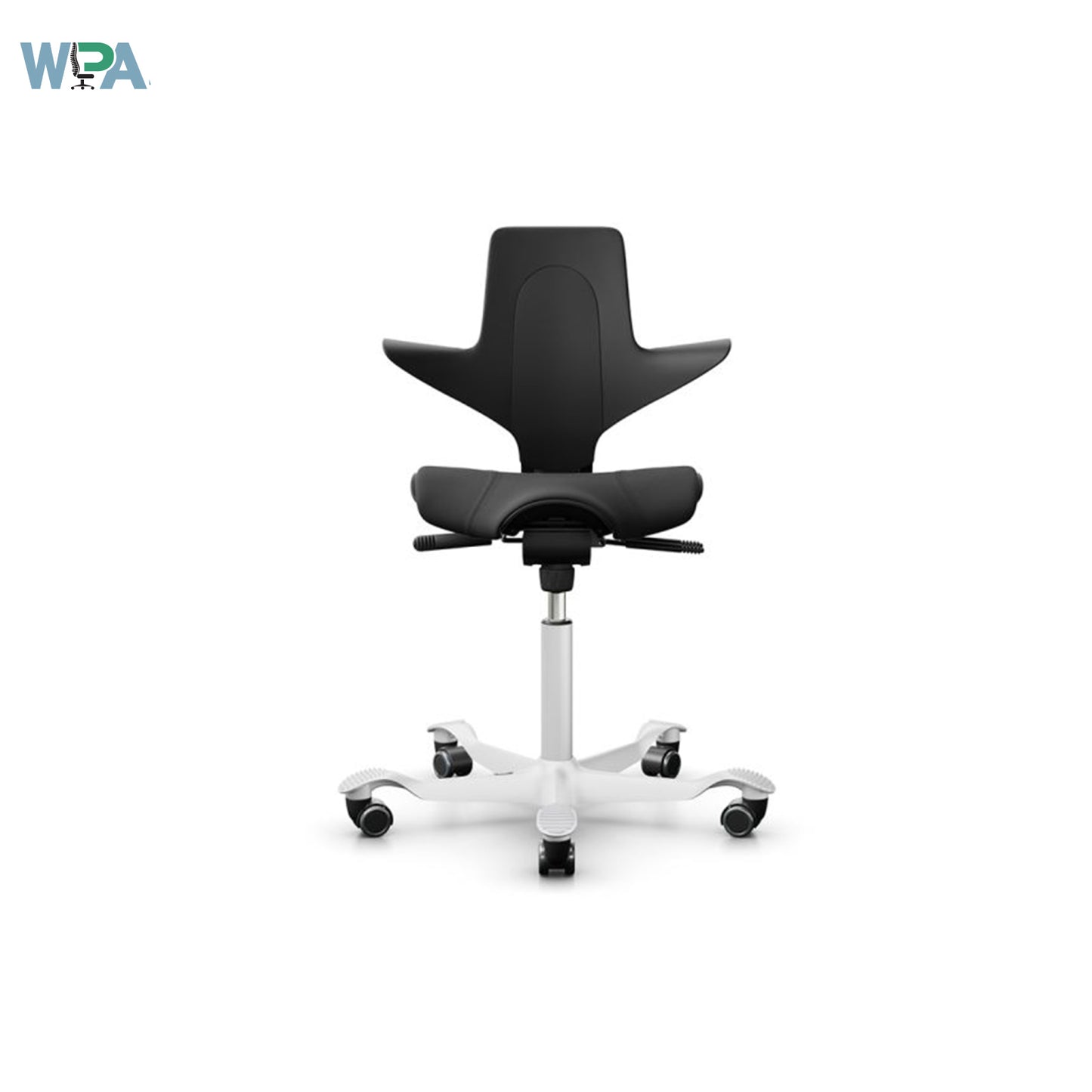 Black office chair with white base on a white background