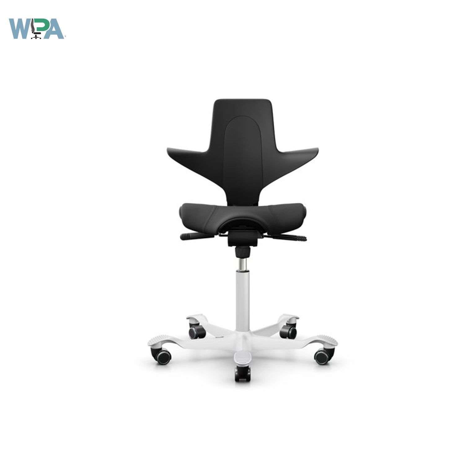 Black office chair with white base on a white background