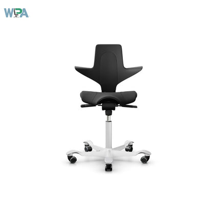 Black office chair with white base on a white background