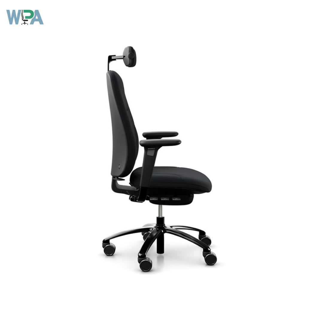 Black office chair with adjustable armrests on a white background
