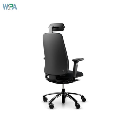 Black office chair with headrest on a white background