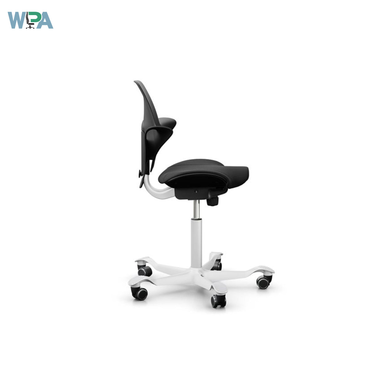 Black office chair with white base on a white background