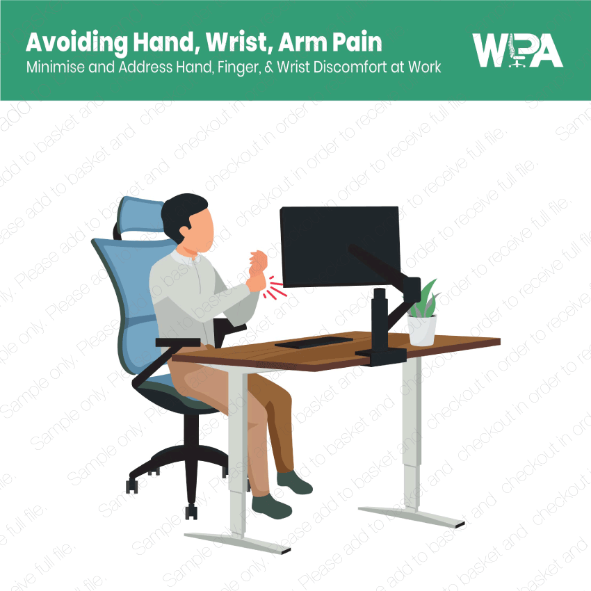 Illustration of a person at a desk with text about avoiding hand, wrist, arm pain at work.