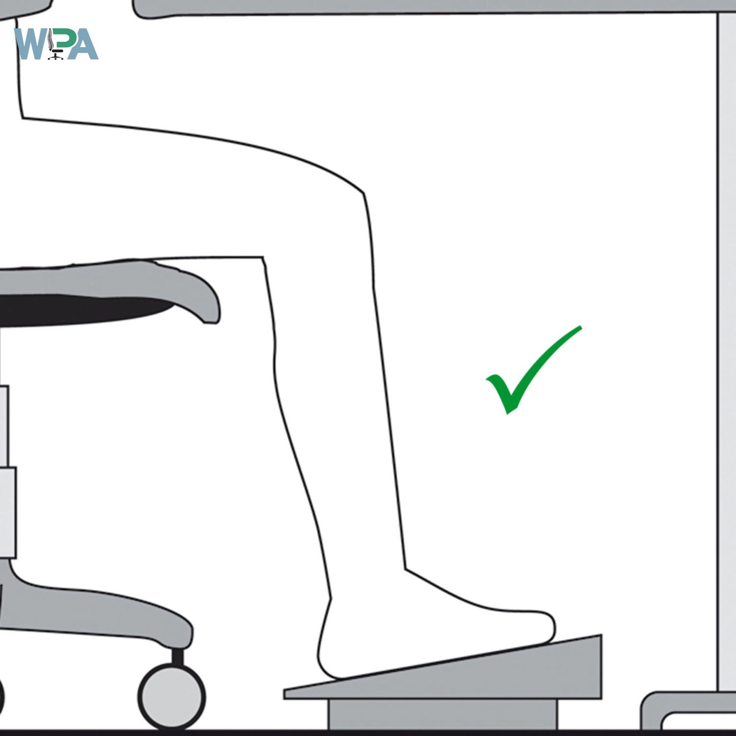 Illustration of a person using a wheelchair with a footrest, showing correct positioning.