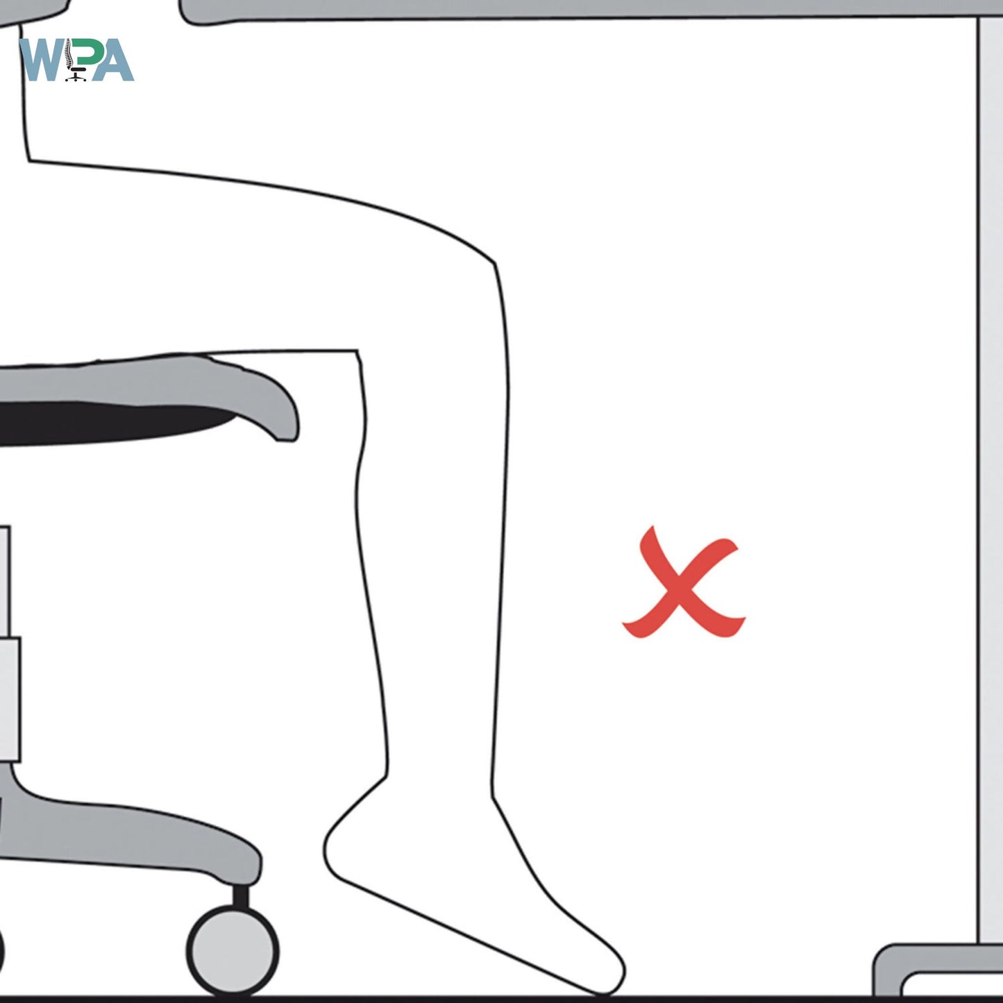 Illustration of a person sitting improperly on an office chair with a red 'X' indicating incorrect posture.