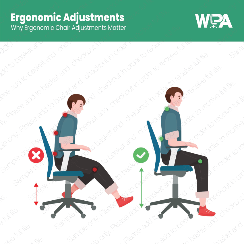 Illustration of ergonomic chair adjustments with WPA branding