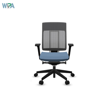 Blue office chair with black mesh backrest on a white background