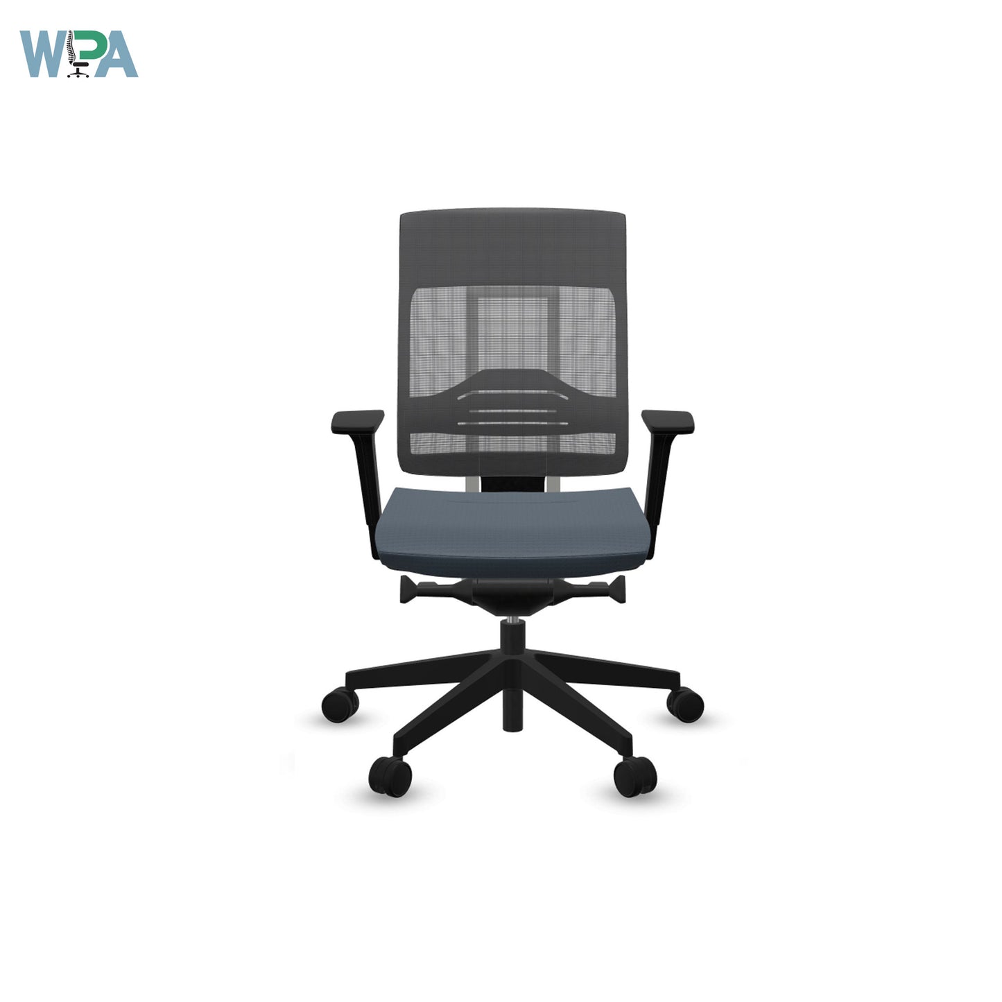 Gray office chair with black mesh back on a white background