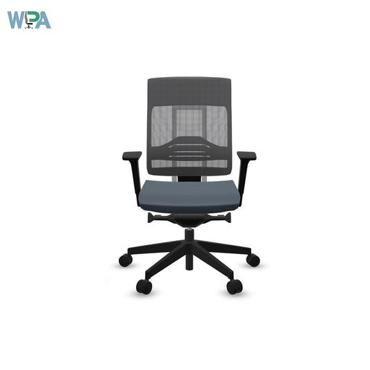Gray office chair with black mesh back on a white background