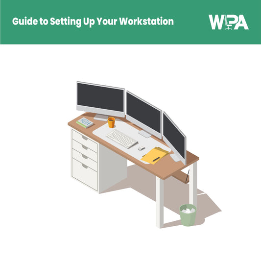Guide to setting up a workstation with a desk, computer monitors, and office supplies on a white background.