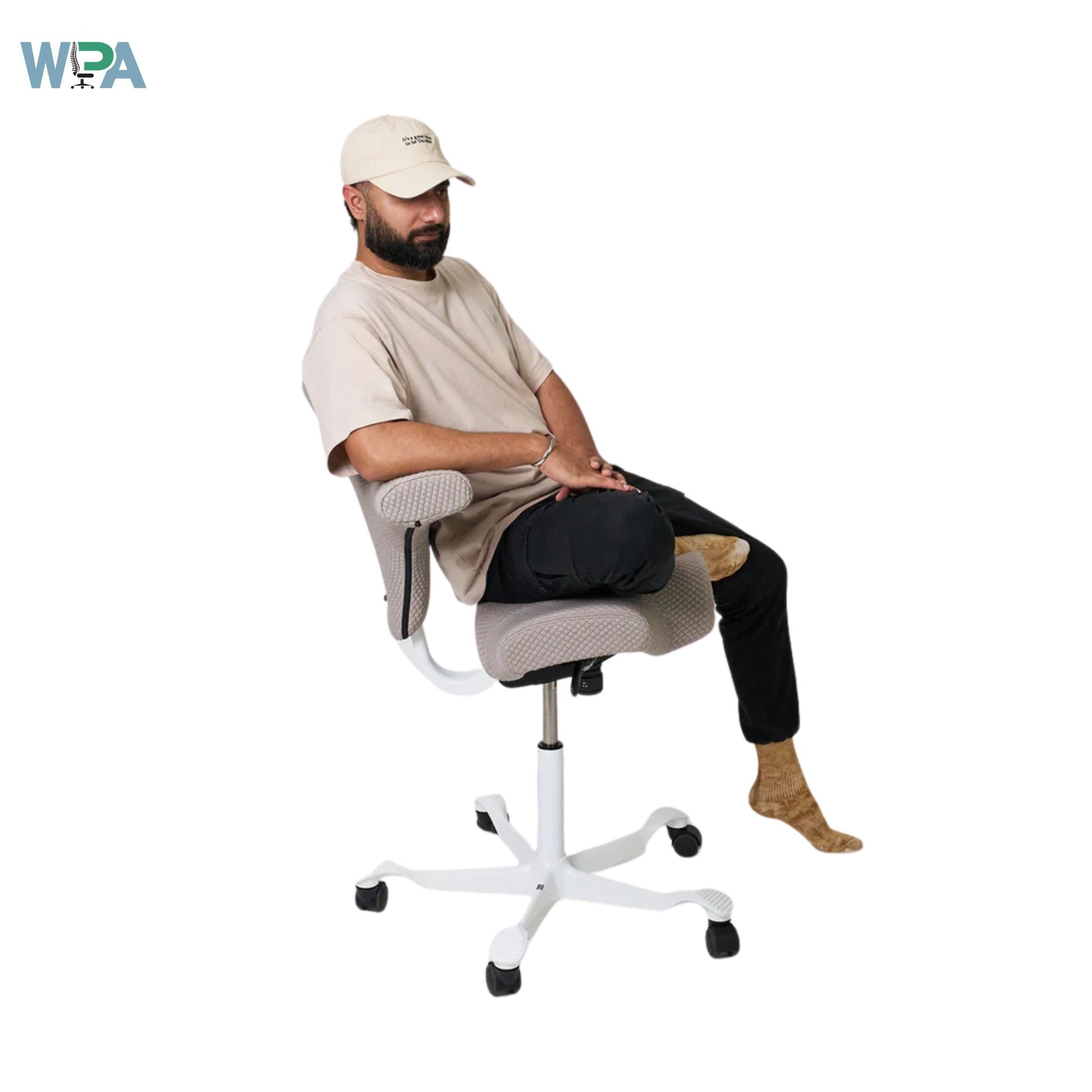 Man sitting on a ergonomic chair with WPA logo in the corner