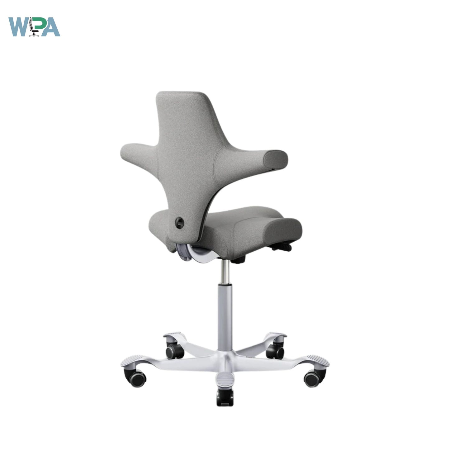 Gray office chair with white base on a white background