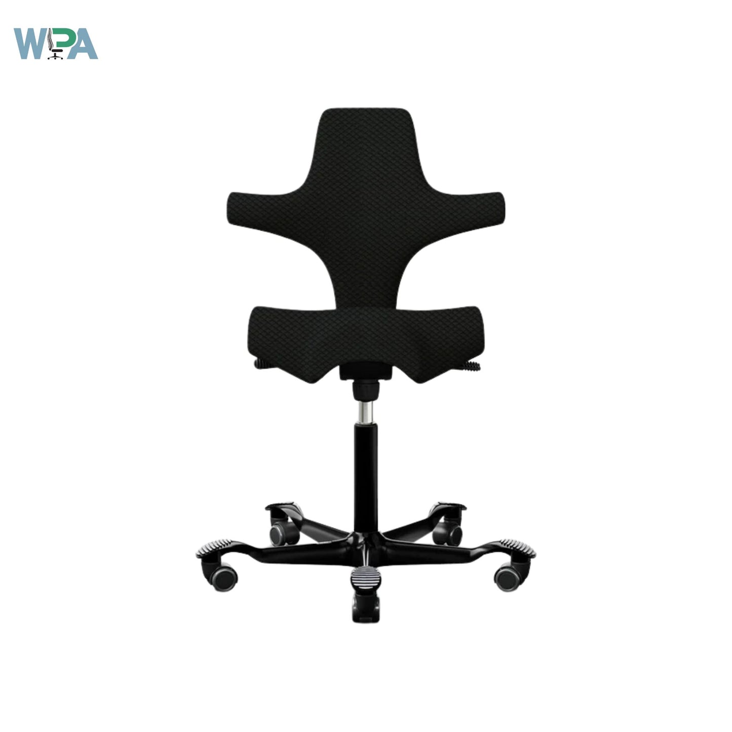 Black office chair on a white background with WPA logo.