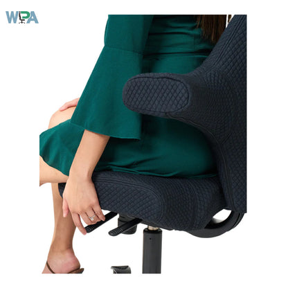 Person sitting on a black office chair wearing green pants with WPA logo.