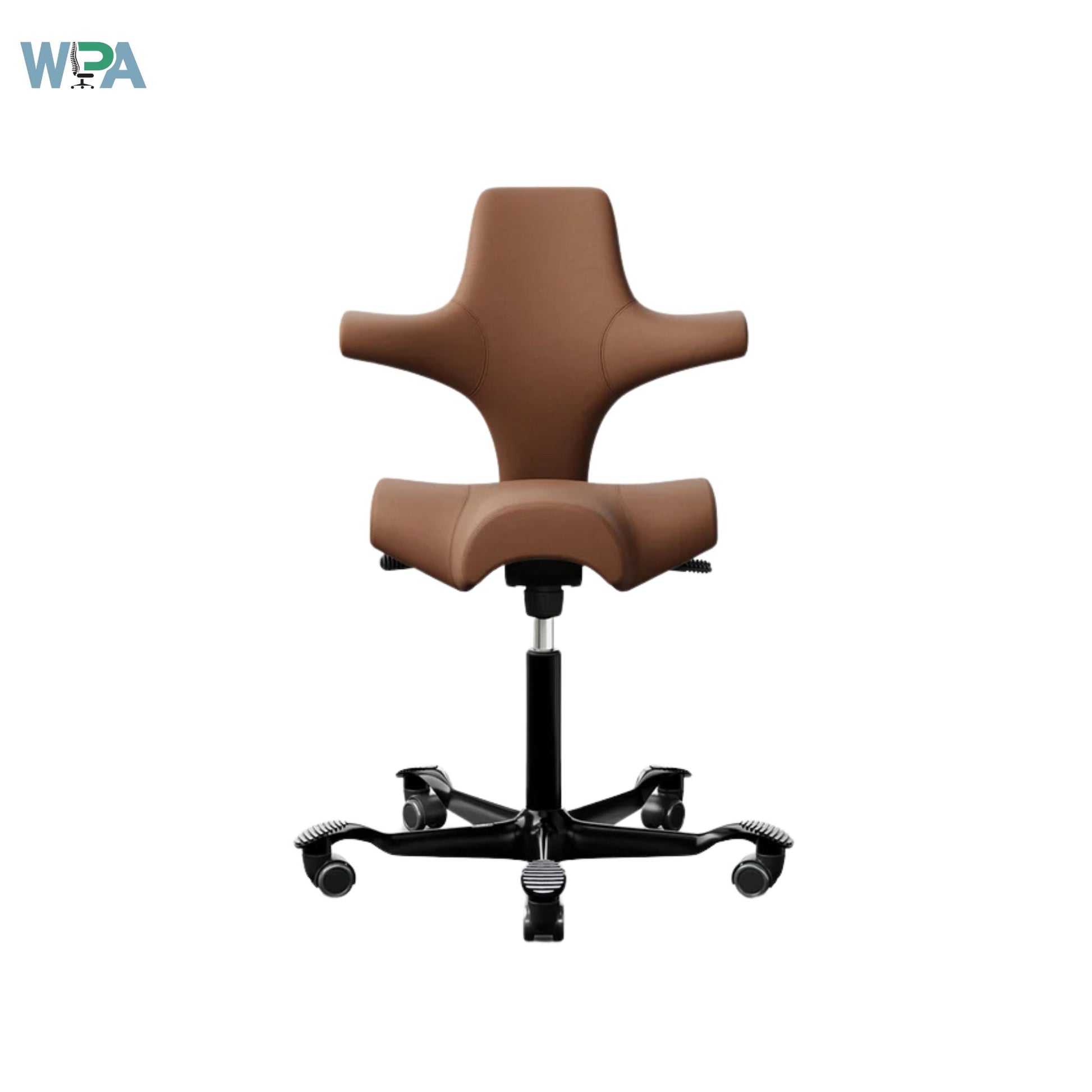 Brown office chair with adjustable base on a white background, featuring the WPA logo.