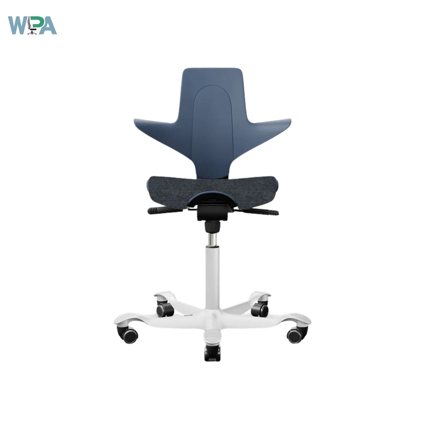Blue office chair with white base on a white background, featuring the WPA logo.