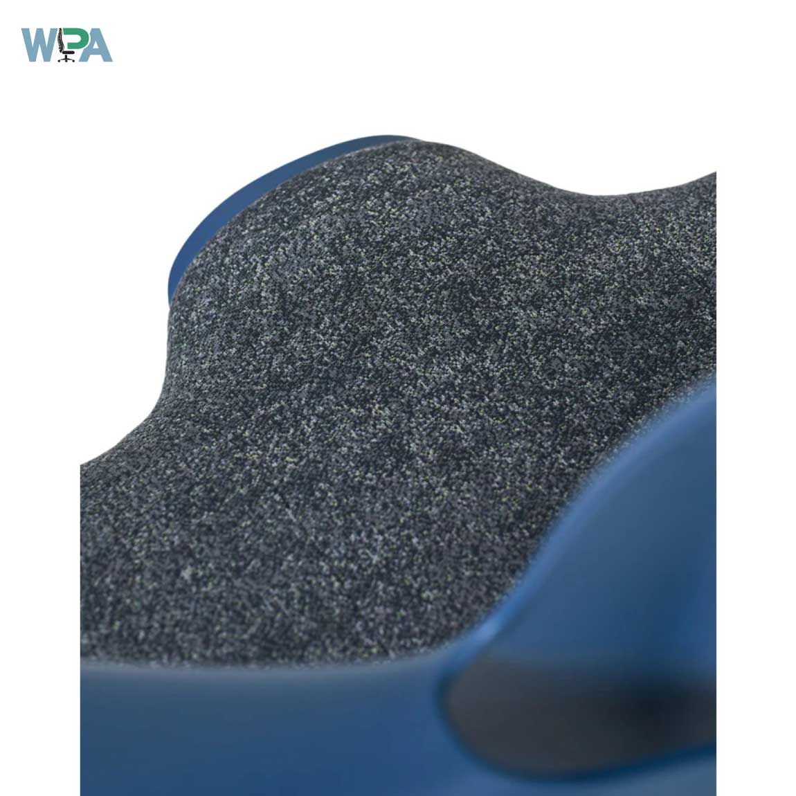 Close-up of a blue and gray textured product with WPA logo