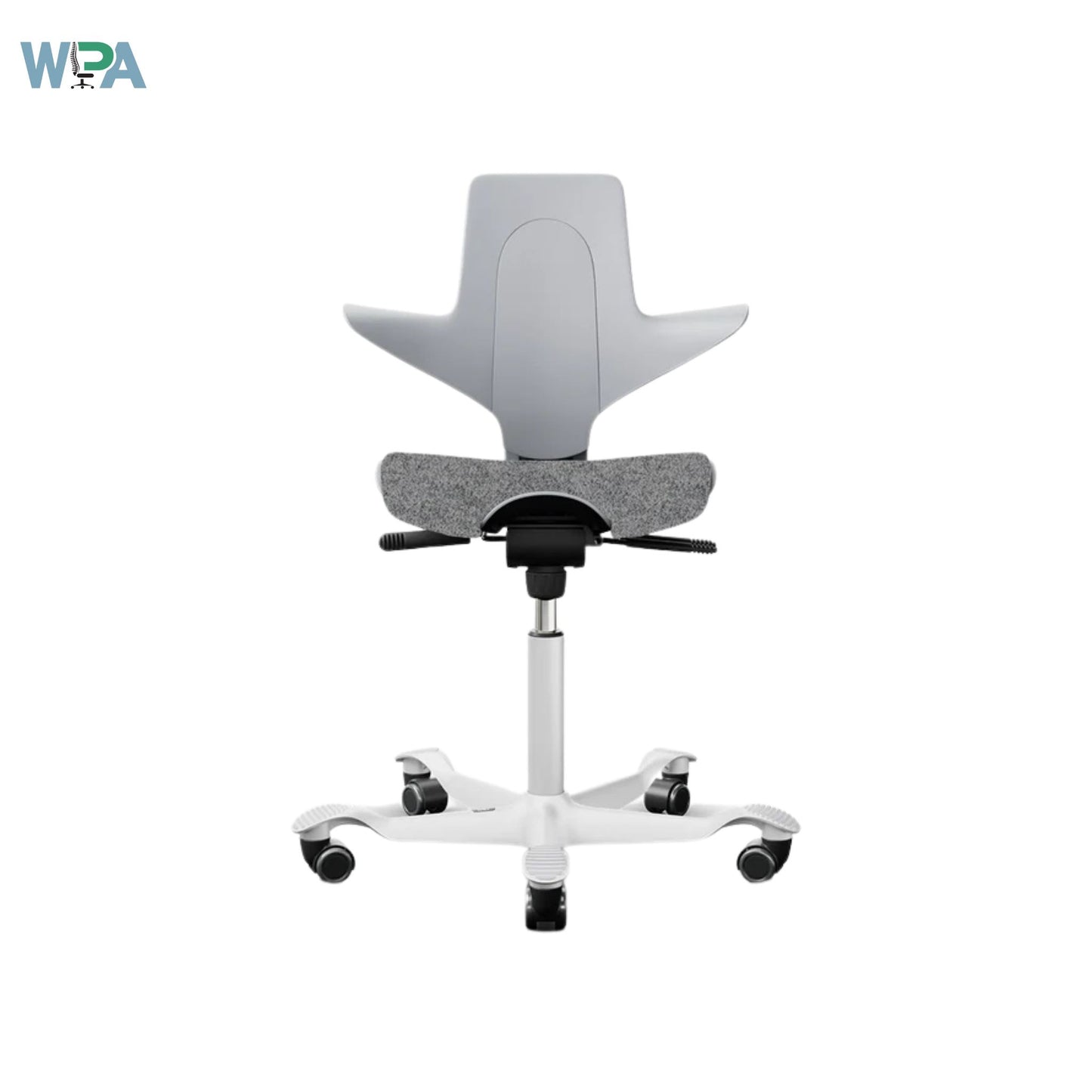 Gray office chair with adjustable features on a white background