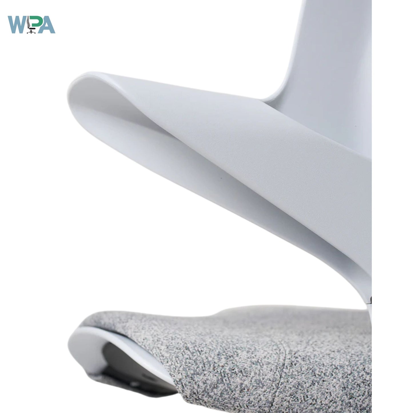 Close-up of a modern chair with a white backrest and gray seat on a white background.
