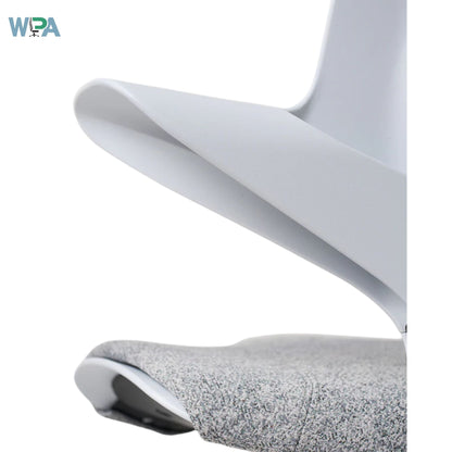 Close-up of a modern chair with a white backrest and gray seat on a white background.
