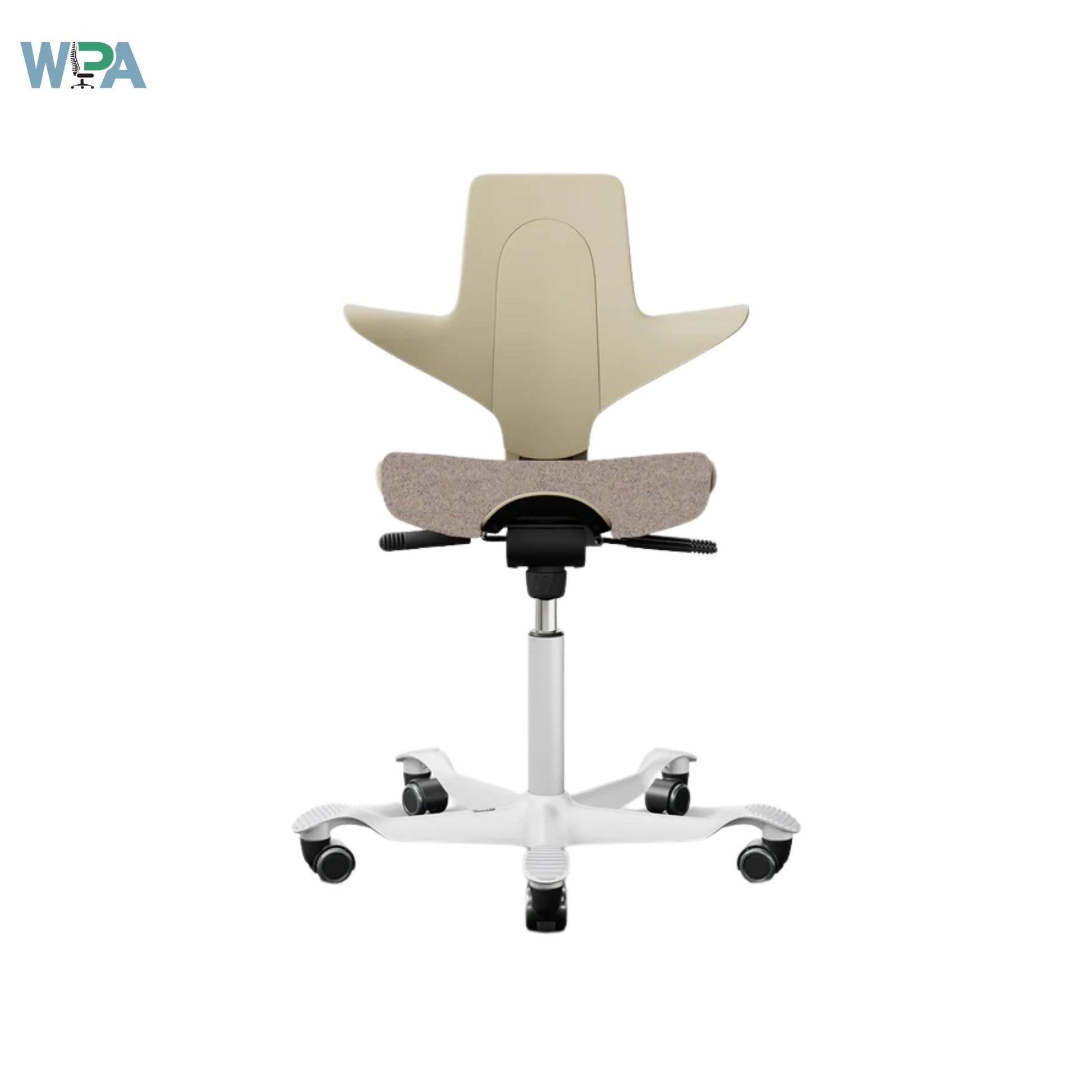 Beige office chair with adjustable features on a white background