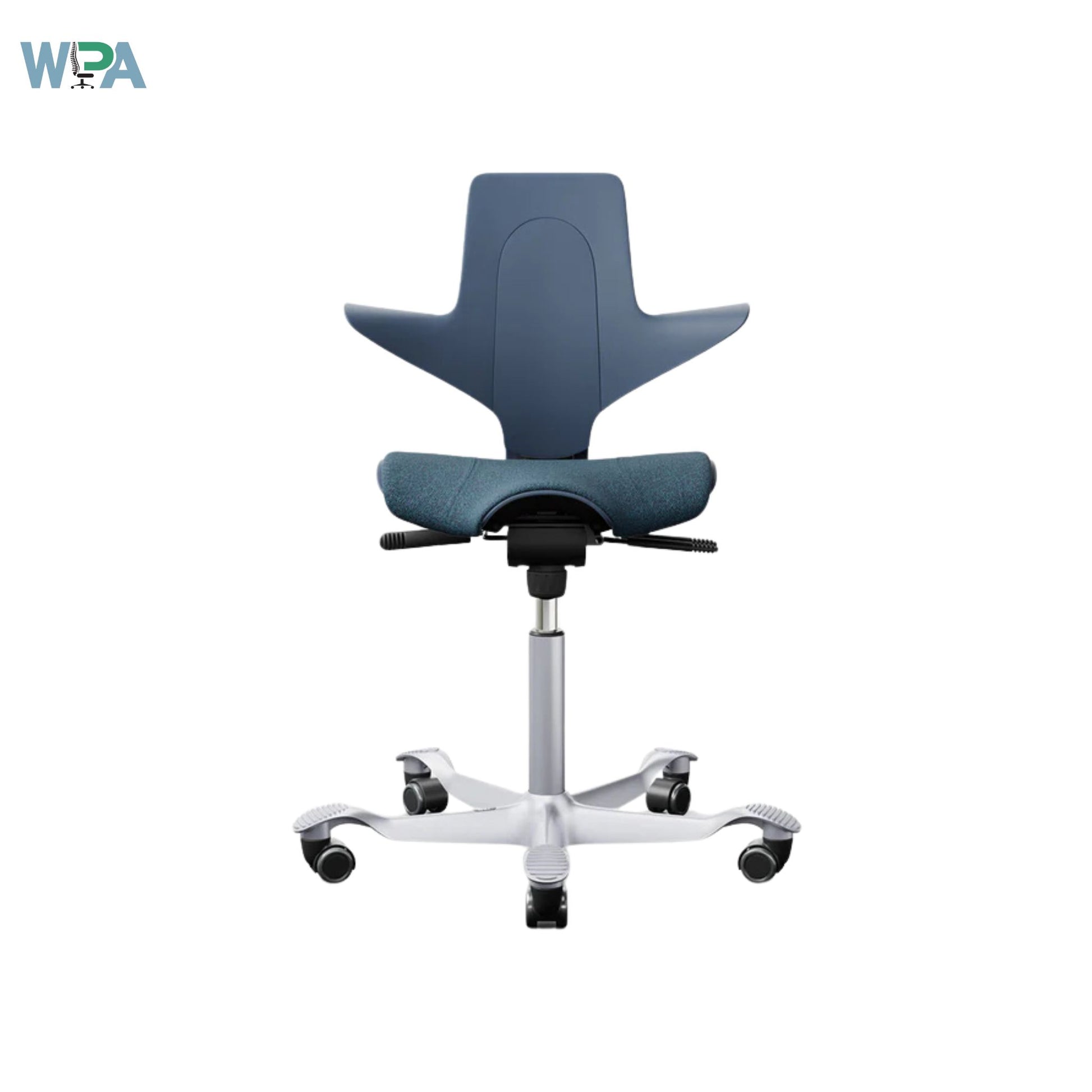 Blue office chair with adjustable features on a white background, featuring the WPA logo.