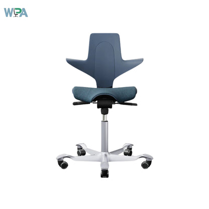 Blue office chair with adjustable features on a white background, featuring the WPA logo.