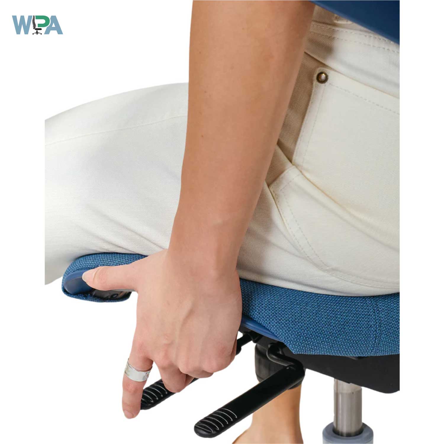 Person using a blue and black office chair with a white cushioned seat on a white background.