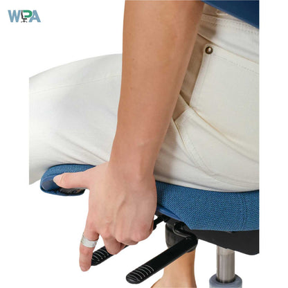 Person using a blue and black office chair with a white cushioned seat on a white background.