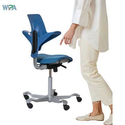 Blue office chair with a person wearing white pants on a white background