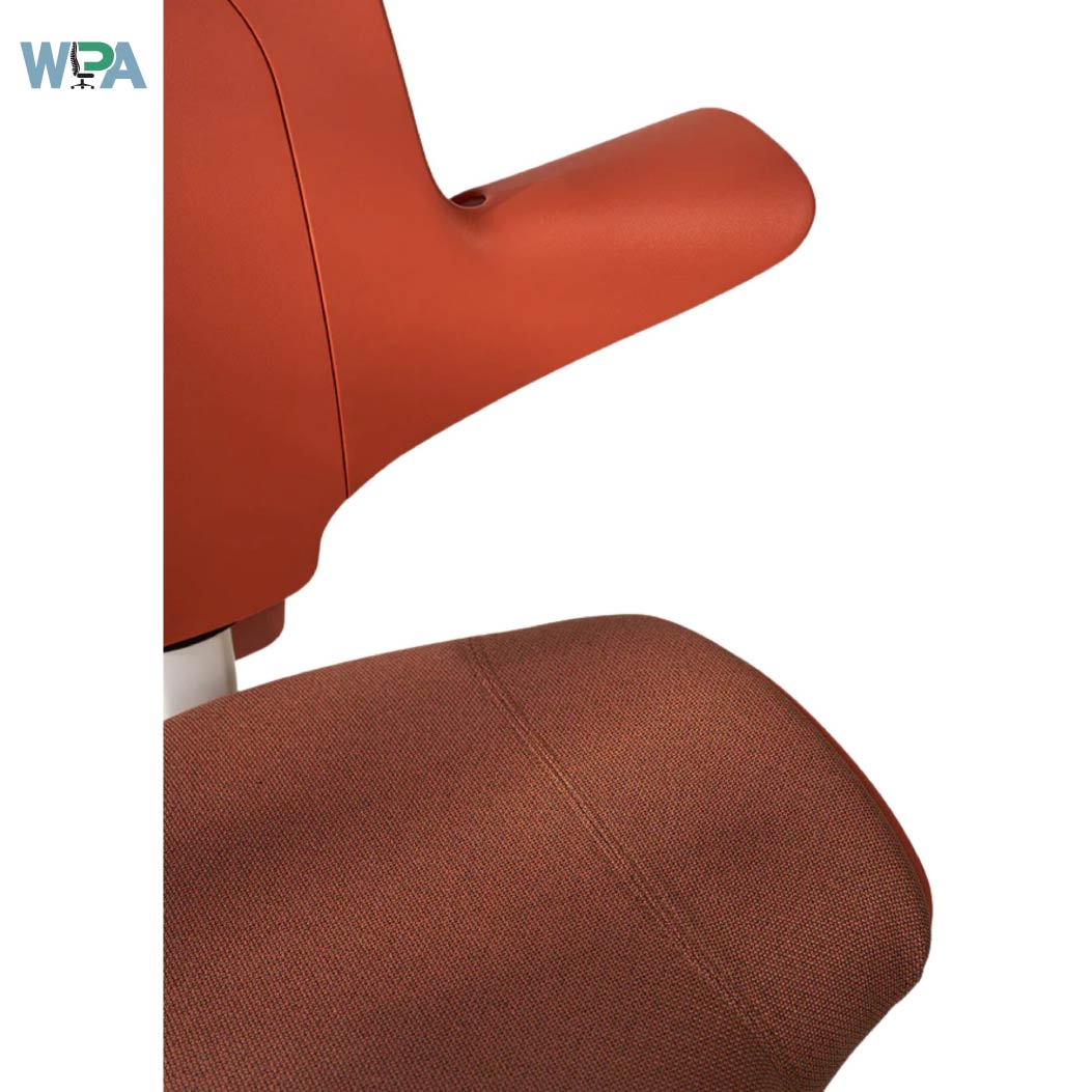 Close-up of a brown office chair with a white background