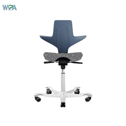 Blue office chair with adjustable features on a white background