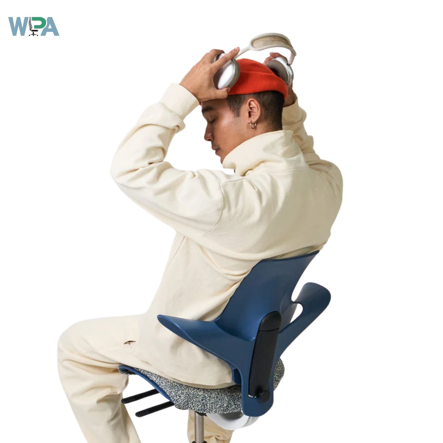 Person sitting on a blue office chair with a white background