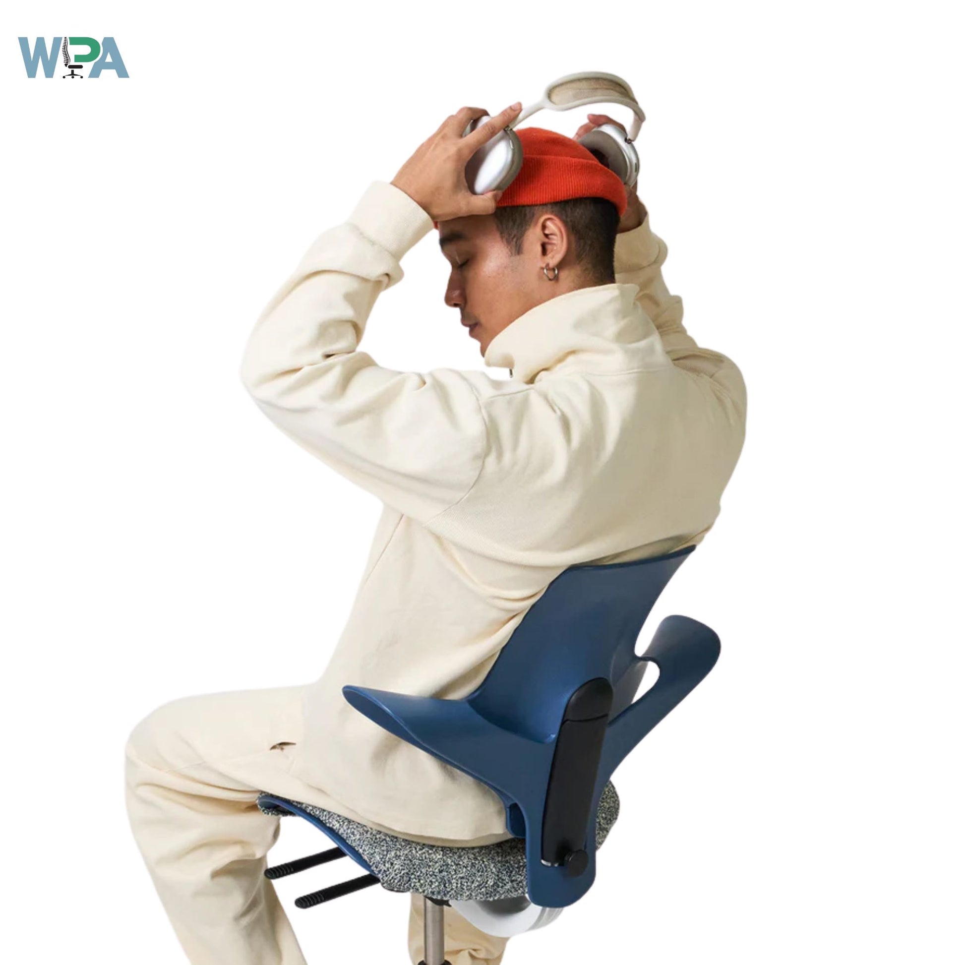 Person sitting on a blue office chair with a white background