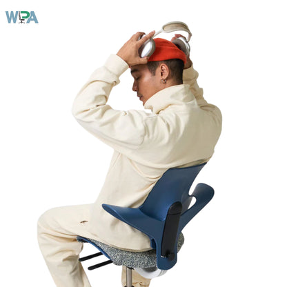 Person sitting on a blue office chair with a white background