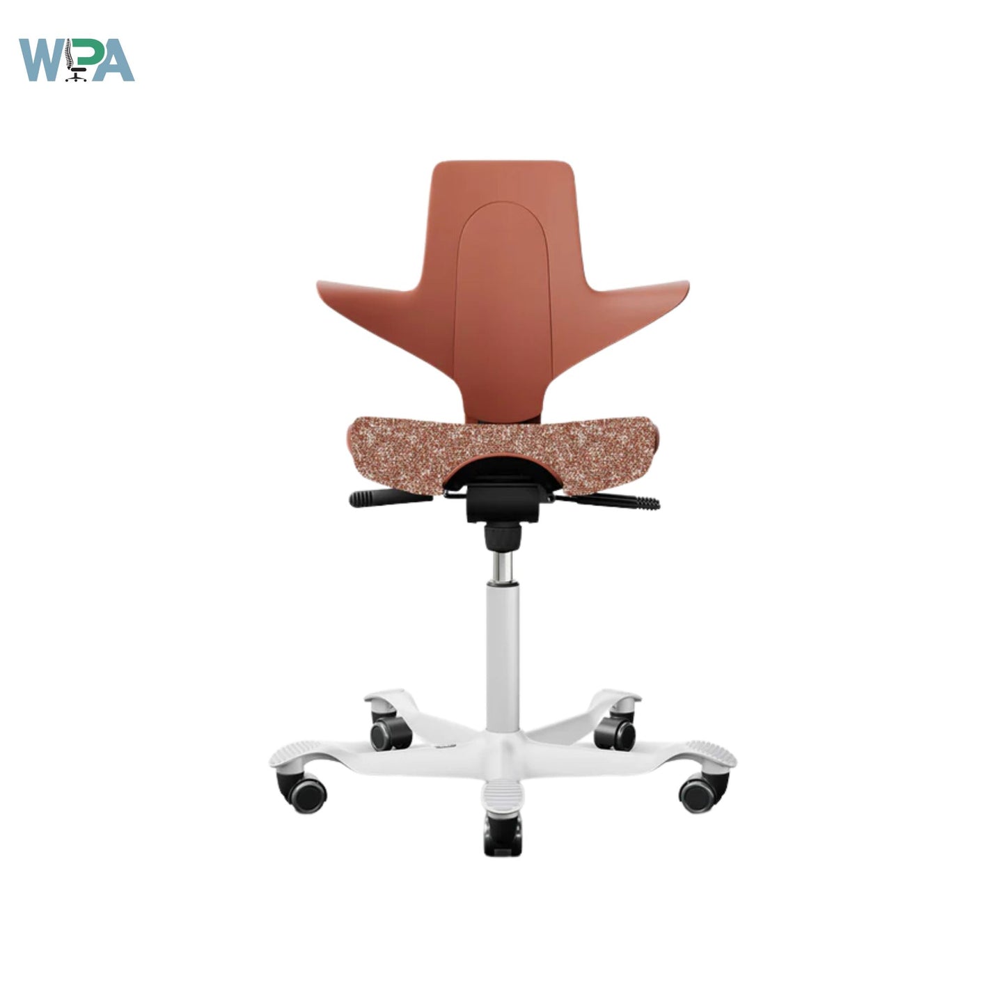 Brown office chair with white base on a white background, featuring the WPA logo.