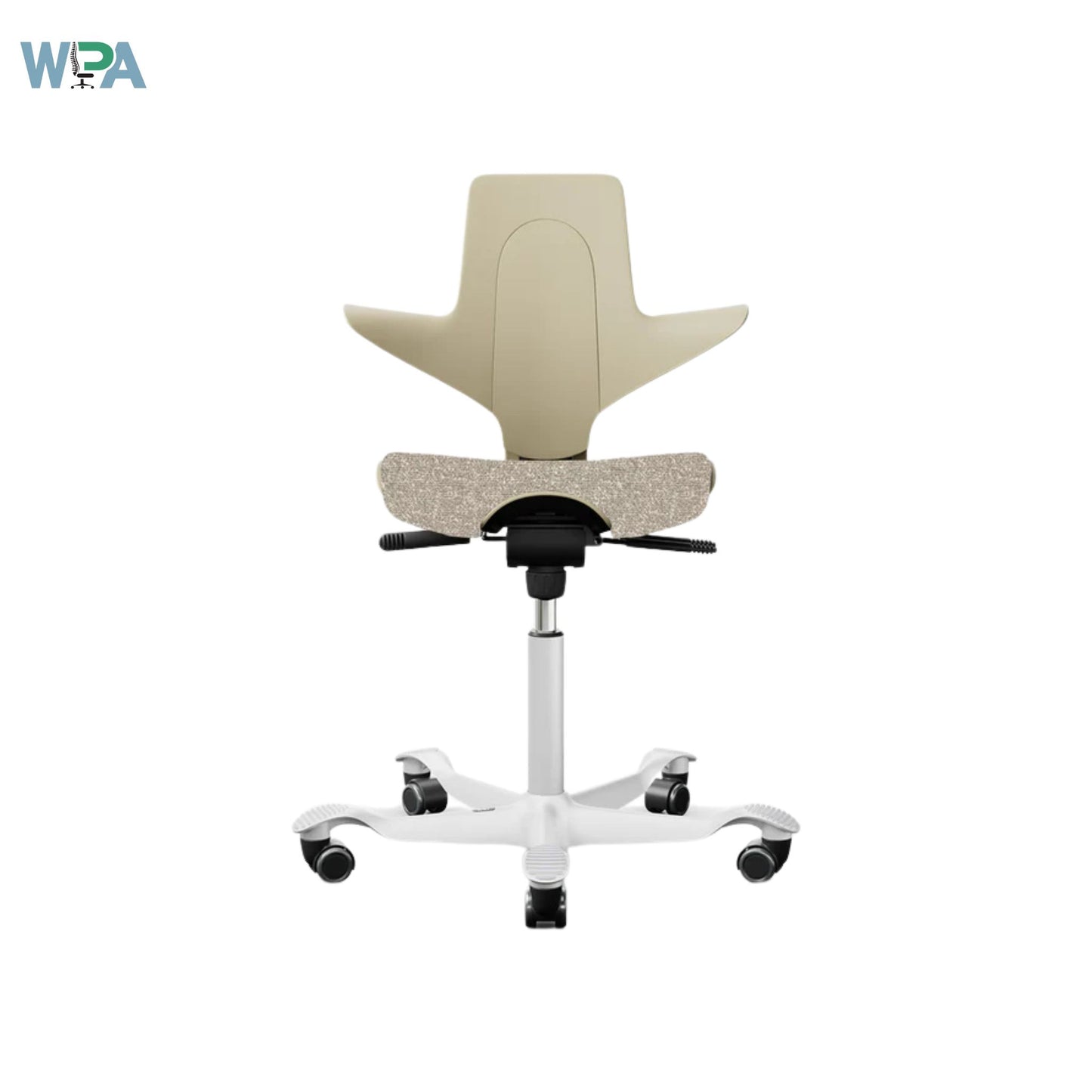 Beige office chair with adjustable features on a white background