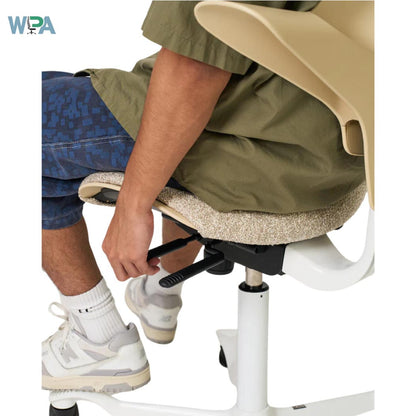 Person adjusting a beige office chair with white base on a white background