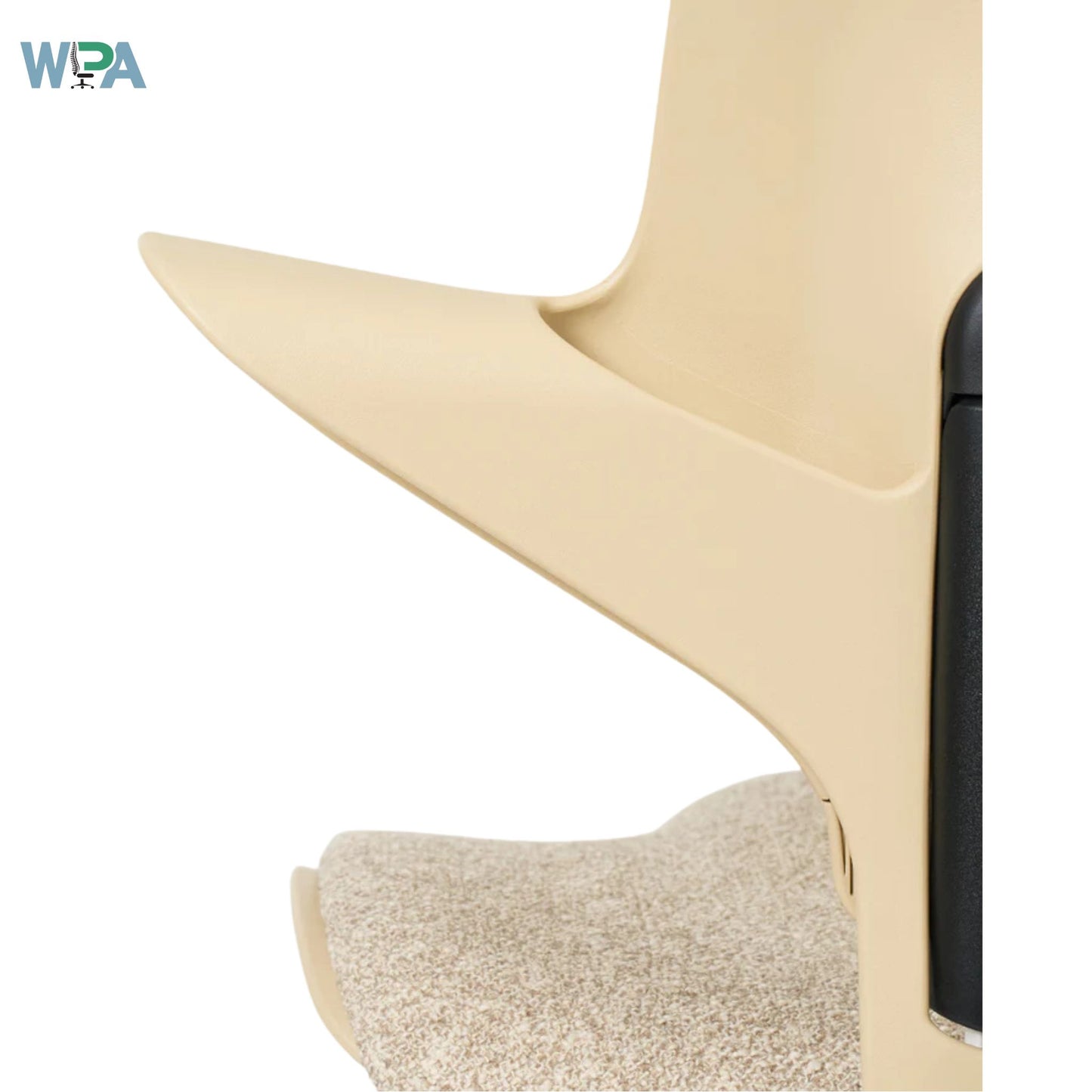 Close-up of a beige high-heeled shoe with a brand logo in the corner.